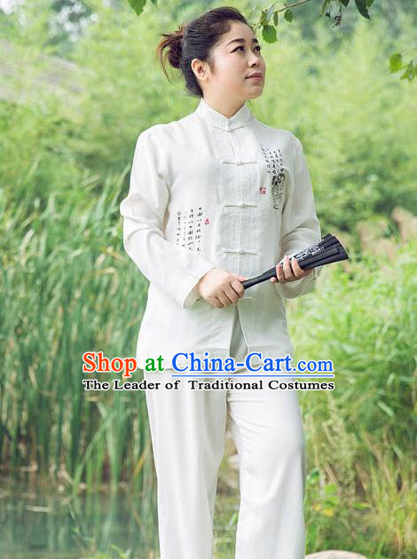 Traditional Chinese Top Linen Kung Fu Costume Martial Arts Kung Fu Training Long Sleeve Plated Buttons White Uniform, Tang Suit Gongfu Shaolin Wushu Clothing, Tai Chi Taiji Teacher Suits Uniforms for Women