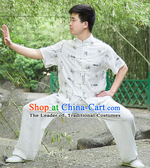 Traditional Chinese Top Linen Kung Fu Costume Martial Arts Kung Fu Training Short Sleeve Plated Buttons White Printing Fortune Uniform, Tang Suit Gongfu Shaolin Wushu Clothing, Tai Chi Taiji Teacher Suits Uniforms for Men