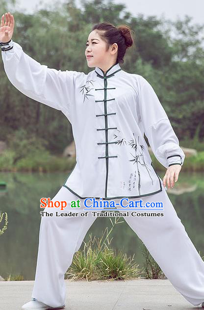 Traditional Chinese Top Linen Kung Fu Costume Martial Arts Kung Fu Training Plated Buttons White Printing Bamboo Uniform, Tang Suit Gongfu Shaolin Wushu Clothing, Tai Chi Taiji Teacher Suits Uniforms for Women