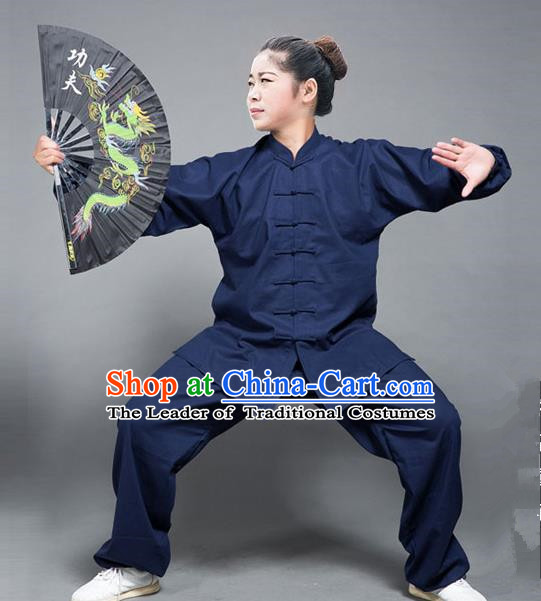Traditional Chinese Top Flax Kung Fu Costume Martial Arts Kung Fu Training Navy Uniform, Tang Suit Gongfu Shaolin Wushu Clothing, Tai Chi Taiji Teacher Suits Uniforms for Women