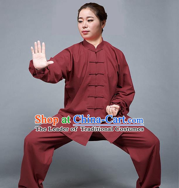 Traditional Chinese Top Flax Kung Fu Costume Martial Arts Kung Fu Training Red Uniform, Tang Suit Gongfu Shaolin Wushu Clothing, Tai Chi Taiji Teacher Suits Uniforms for Women