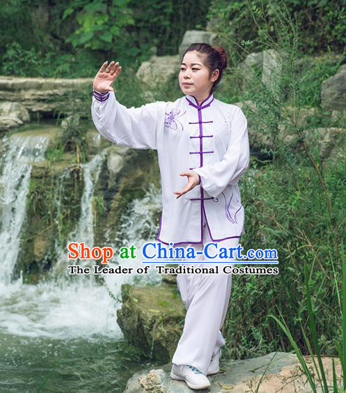 Traditional Chinese Top Silk Cotton Kung Fu Costume Martial Arts Kung Fu Training Long Sleeve Butterfly Uniform, Tang Suit Gongfu Shaolin Wushu Clothing, Tai Chi Taiji Teacher Suits Uniforms for Women