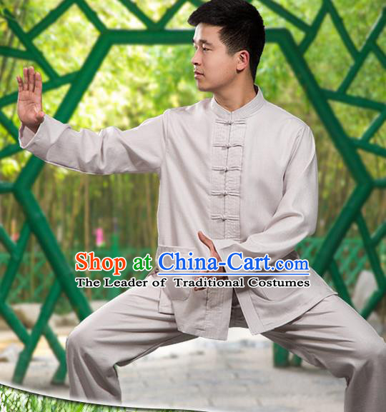 Traditional Chinese Top Linen Kung Fu Costume Martial Arts Kung Fu Training Long Sleeve Grey Uniform, Tang Suit Gongfu Shaolin Wushu Clothing, Tai Chi Taiji Teacher Suits Uniforms for Men
