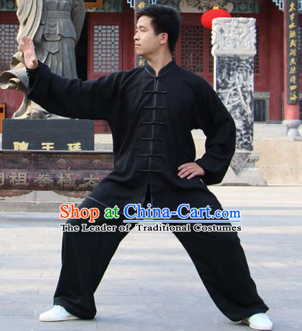 Traditional Chinese Top Silk Cotton Kung Fu Costume Martial Arts Kung Fu Training Plated Buttons Black Uniform, Tang Suit Gongfu Shaolin Wushu Clothing, Tai Chi Taiji Teacher Suits Uniforms for Men