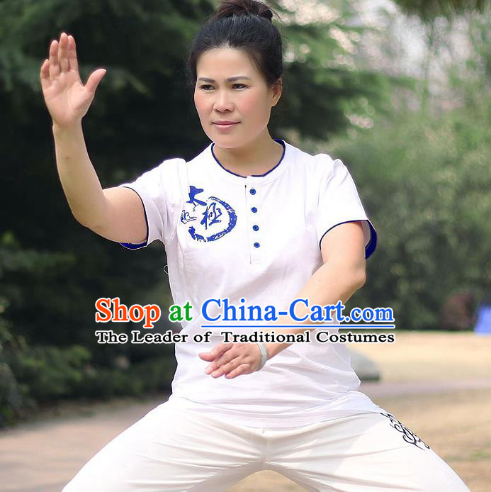 Traditional Chinese Top Cotton Kung Fu Costume Martial Arts Kung Fu Training Short Sleeve Blue Print T-Shirt, Tang Suit Gongfu Shaolin Wushu Clothing, Tai Chi Taiji Teacher T-shirts for Women