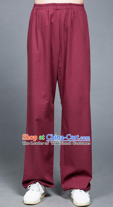 Traditional Chinese Top Linen Kung Fu Costume Martial Arts Kung Fu Training Purplish Red Pants, Tang Suit Gongfu Shaolin Wushu Plus Fours, Tai Chi Taiji Teacher Trousers for Women for Men