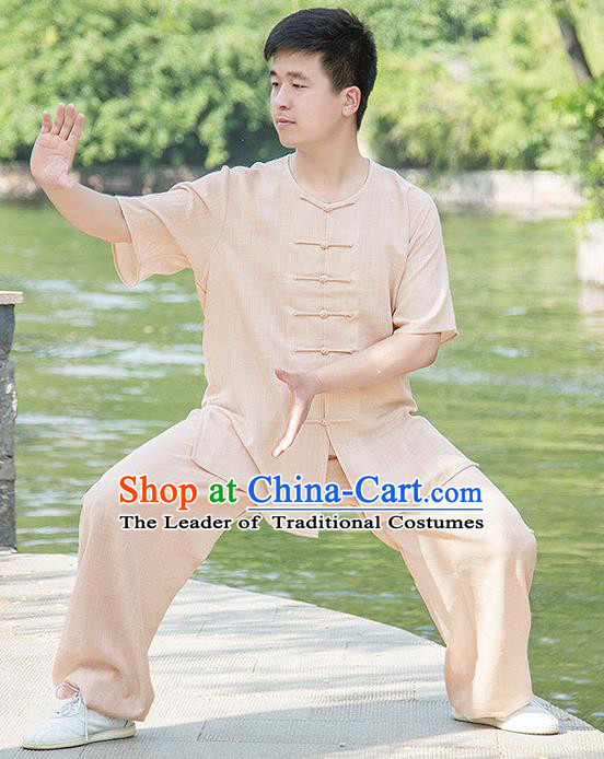 Traditional Chinese Top Linen Kung Fu Costume Martial Arts Kung Fu Training Plated Buttons Short Sleeve Wheat Uniform, Tang Suit Gongfu Shaolin Wushu Clothing, Tai Chi Taiji Teacher Suits Uniforms for Men