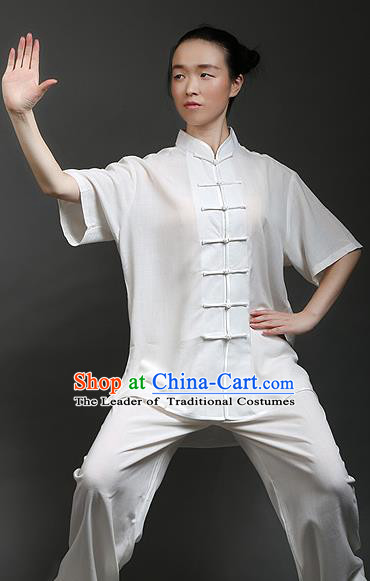Traditional Chinese Top Linen Kung Fu Costume Martial Arts Kung Fu Training Plated Buttons Short Sleeve White Uniform, Tang Suit Gongfu Shaolin Wushu Clothing, Tai Chi Taiji Teacher Suits Uniforms for Women