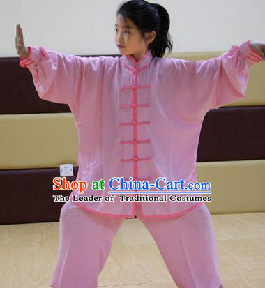 Traditional Chinese Top Silk Cotton Kung Fu Costume Martial Arts Kung Fu Training Children Plated Buttons Pink Uniform, Tang Suit Gongfu Shaolin Wushu Clothing, Tai Chi Taiji Teacher Suits Uniforms for Kids