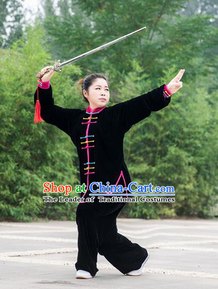 Traditional Chinese Top Pleuche Kung Fu Costume Martial Arts Kung Fu Training Colorful Plated Buttons Black Uniform, Tang Suit Gongfu Shaolin Wushu Clothing, Tai Chi Taiji Teacher Suits Uniforms for Women
