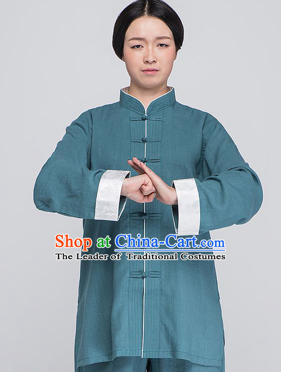 Traditional Chinese Top Linen Kung Fu Costume Martial Arts Kung Fu Training Plated Buttons Roll Sleeve Blue Uniform, Tang Suit Gongfu Shaolin Wushu Clothing, Tai Chi Taiji Teacher Suits Uniforms for Women