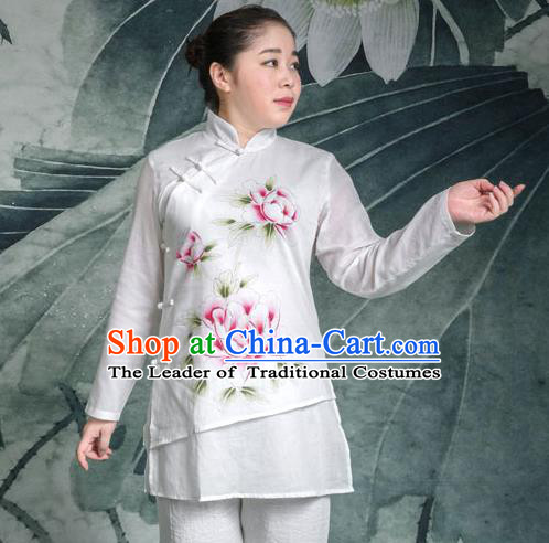 Traditional Chinese Top Linen Kung Fu Costume Martial Arts Kung Fu Training Plated Buttons Freehand Sketching Peony Uniform, Tang Suit Gongfu Shaolin Wushu Clothing, Tai Chi Taiji Teacher Suits Uniforms for Women