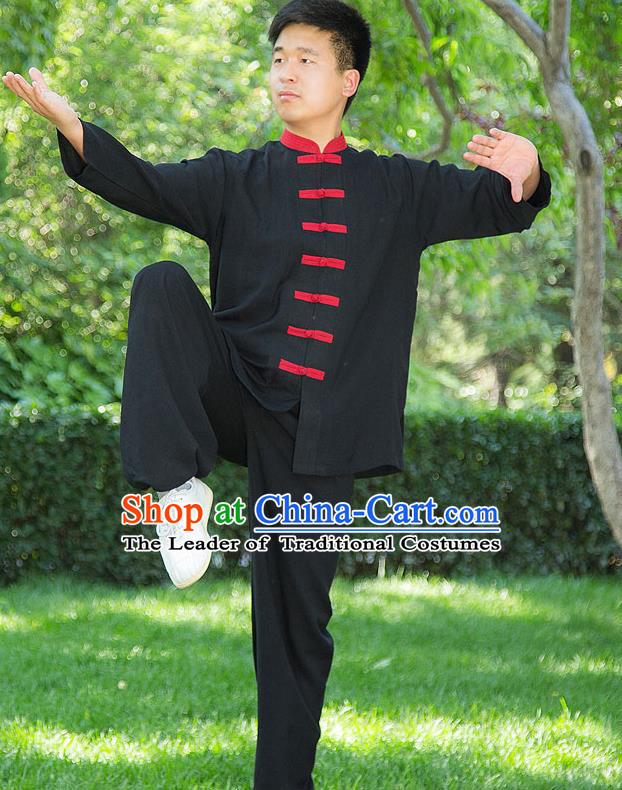 Traditional Chinese Top Linen Kung Fu Costume Martial Arts Kung Fu Training Red Plated Buttons Black Uniform, Tang Suit Gongfu Shaolin Wushu Clothing, Tai Chi Taiji Teacher Suits Uniforms for Men