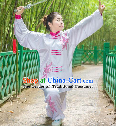Traditional Chinese Top Stretch Silk Kung Fu Costume Martial Arts Kung Fu Training White Embroidery Uniform, Tang Suit Gongfu Shaolin Wushu Clothing, Tai Chi Taiji Teacher Suits Uniforms for Women