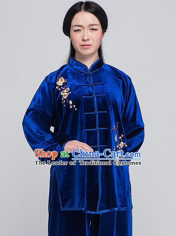 Traditional Chinese Top South Korea Velvet Kung Fu Costume Martial Arts Kung Fu Training Blue Embroidered Uniform, Tang Suit Gongfu Shaolin Wushu Clothing, Tai Chi Taiji Teacher Suits Uniforms for Women