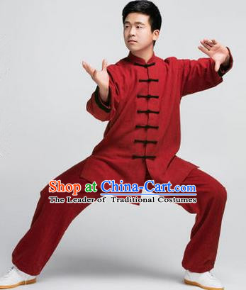 Traditional Chinese Top Muscle Hemp Kung Fu Costume Martial Arts Kung Fu Training Red Uniform, Tang Suit Gongfu Shaolin Wushu Clothing, Tai Chi Taiji Teacher Suits Uniforms for Men