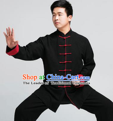 Traditional Chinese Top Muscle Hemp Kung Fu Costume Martial Arts Kung Fu Training Black Uniform, Tang Suit Gongfu Shaolin Wushu Clothing, Tai Chi Taiji Teacher Suits Uniforms for Men