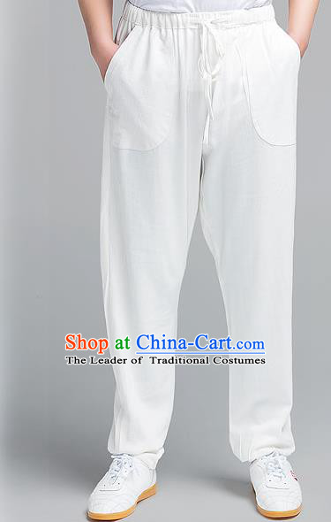 Traditional Chinese Top Muscle Hemp Kung Fu Costume Martial Arts Kung Fu Training White Pants, Tang Suit Gongfu Shaolin Wushu Plus Fours, Tai Chi Taiji Teacher Trousers for Men
