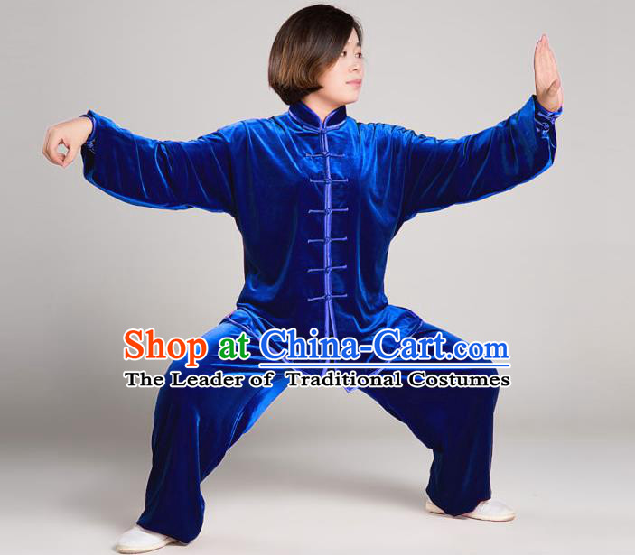 Traditional Chinese Top Gold Velvet Kung Fu Costume Martial Arts Kung Fu Training Plated Buttons Blue Uniform, Tang Suit Gongfu Shaolin Wushu Clothing, Tai Chi Taiji Teacher Suits Uniforms for Women