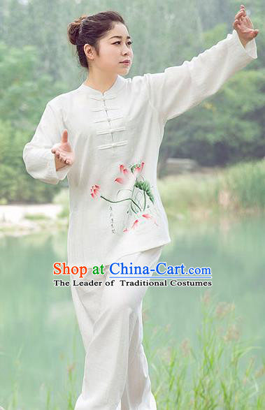 Traditional Chinese Top Gastrodia Kung Fu Costume Martial Arts Kung Fu Training Plated Buttons Hand Painted Lotus Uniform, Tang Suit Gongfu Shaolin Wushu Clothing, Tai Chi Taiji Teacher Suits Uniforms for Women