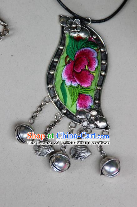Traditional Chinese Miao Nationality Crafts, Hmong Handmade Silver Embroidery Bell Pendant, Black Rope Necklace Bell Pendant for Women