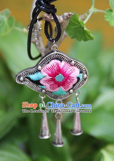 Traditional Chinese Miao Nationality Crafts Hmong Handmade Silver Embroidery Pendant, Necklace Accessories Bells Pendant for Women