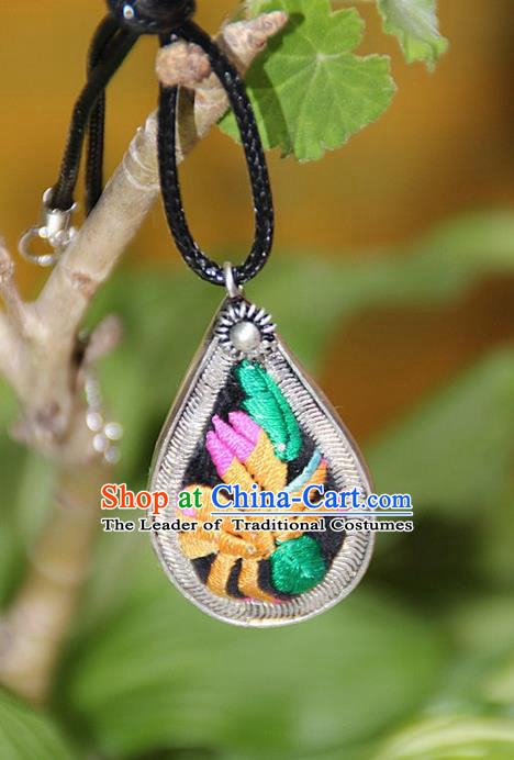 Traditional Chinese Miao Nationality Crafts, Hmong Handmade Miao Silver Embroidery Pendant, Miao Ethnic Minority Necklace Accessories Bells Pendant for Women