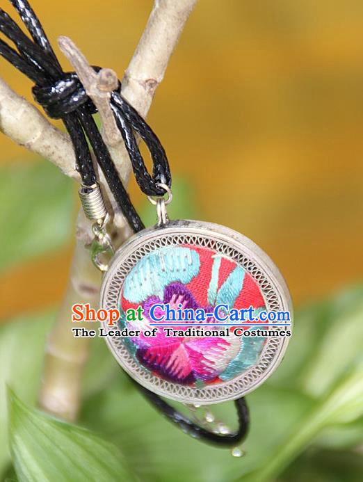 Traditional Chinese Miao Nationality Crafts, Hmong Handmade Miao Silver Embroidery Flowers Round Pendant, Miao Ethnic Minority Black Rope Necklace Accessories Pendant for Women