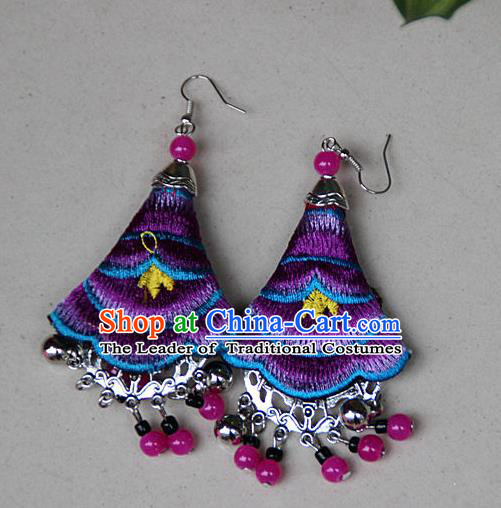 Traditional Chinese Miao Nationality Crafts Jewelry Accessory, Hmong Handmade Embroidery Beads Blue Earrings, Miao Ethnic Minority Eardrop Accessories Ear Pendant for Women