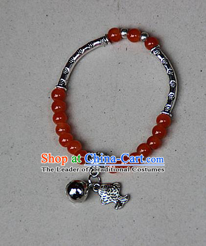 Traditional Chinese Miao Nationality Crafts Jewelry Accessory Bangle, Hmong Handmade Miao Silver Red Beads Bracelet, Miao Ethnic Minority Bells Fish Bracelet Accessories for Women