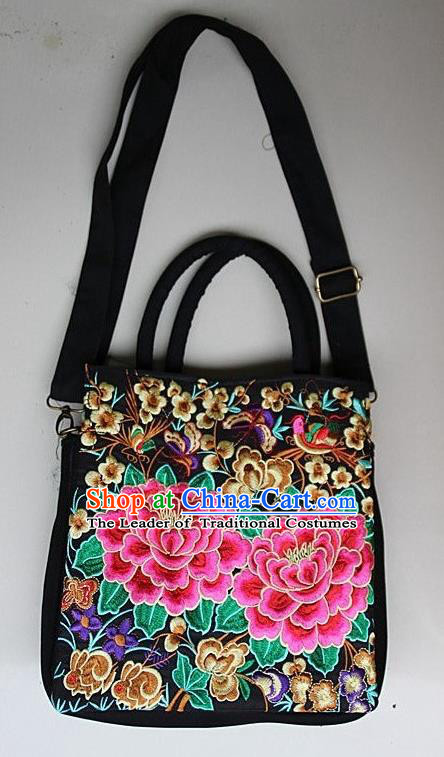 Traditional Chinese Miao Nationality Palace Handmade Double-Sided Embroidery Butterfly Peony Handbag Hmong Handmade Embroidery Canvas Single Shoulder Bags for Women