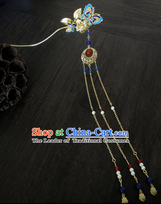 Traditional Handmade Chinese Ancient Classical Hair Accessories Barrettes Butterfly Hairpin, Imperial Emperess Tassel Headdress Blueing Hair Jewellery, Hair Fascinators Hairpins for Women