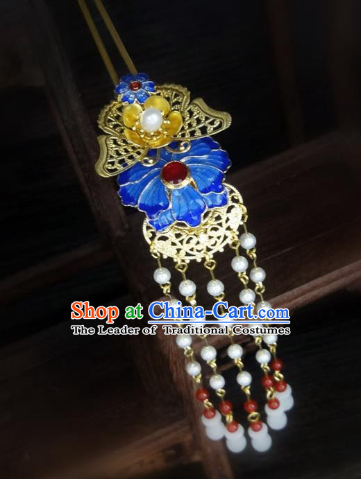 Traditional Handmade Chinese Ancient Classical Hair Accessories Barrettes Hairpin, Blueing Hair Sticks Pearl Hair Jewellery, Hair Fascinators Hairpins for Women