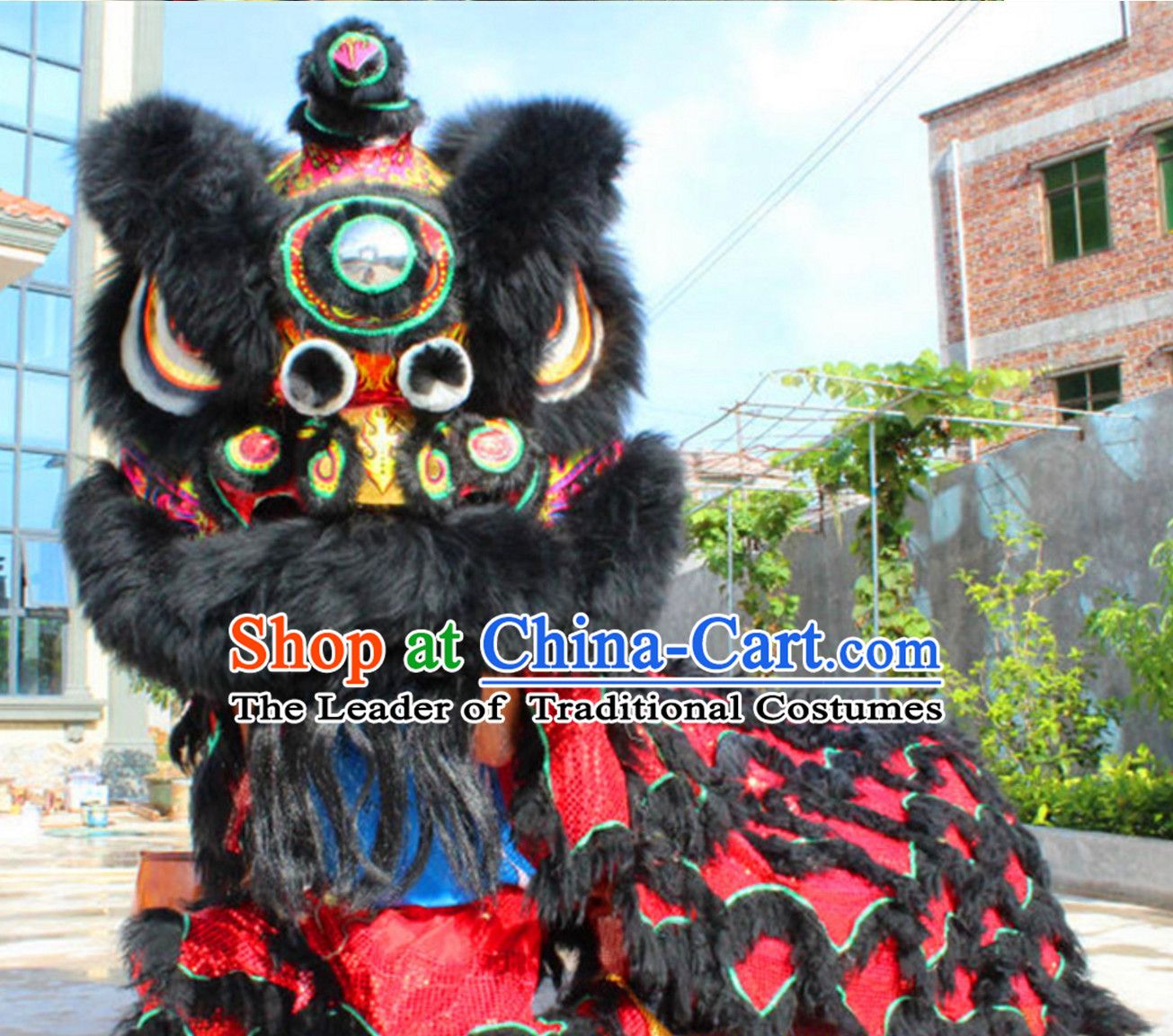 Folk Art Black Red Chinese Southern Lion Dance Costumes Complete Set