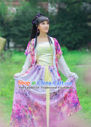 Traditional Ancient Chinese Imperial Emperess Costume, Chinese Tang Dynasty Palace Lady Dress, Cosplay Chinese Princess Printing Flowers Pink Hanfu Ru Skirt Clothing for Women