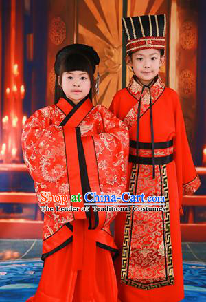 Traditional Ancient Chinese Imperial Emperess and Emperor Costume Complete Set, Chinese Tang Dynasty Emperess Wedding Red Dress, Chinese Emperess Emperor Embroidered Phoenix and Dragon Trailing Clothing for Kids