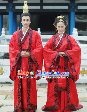 Traditional Ancient Chinese Imperial Emperess and Emperor Costume Complete Set, Chinese Han Dynasty Bride and Bridegroom Wedding Red Dress, Chinese Emperess Emperor Embroidered Phoenix and Dragon Trailing Clothing for Women for Men