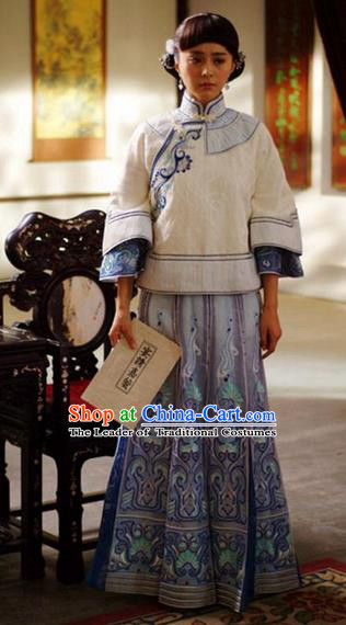 Traditional Ancient Chinese Costume Xiuhe Suit, Chinese Late Qing Dynasty Female Dress, Republic of China Embroidered Blue Clothing for Women