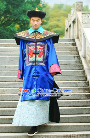 Traditional Ancient Chinese Imperial Emperor Costume, Chinese Qing Dynasty Official Uniforms, Cosplay Chinese Manchu Minister Embroidered Clothing Complete Set for Men