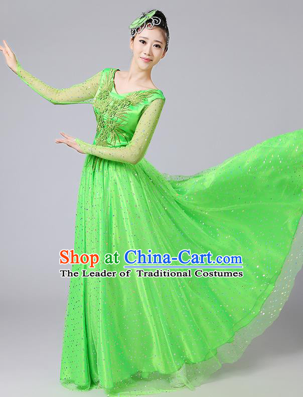 Traditional Chinese Modern Dancing Compere Costume, Women Opening Classic Dance Chorus Singing Group Bubble Uniforms, Modern Dance Classic Dance Big Swing Green Long Dress for Women