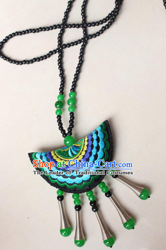 Traditional Chinese Miao Nationality Crafts Jewelry Accessory, Hmong Handmade Green Beads Tassel Double Side Embroidery Fan Pendant, Miao Ethnic Minority Necklace Accessories Sweater Chain Pendant for Women