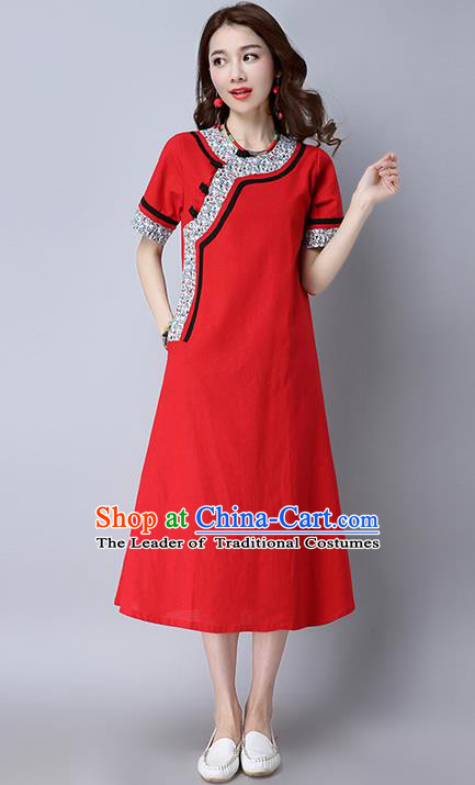 Traditional Ancient Chinese National Costume, Elegant Hanfu Printing Dress, China Tang Suit Mandarin Collar Cheongsam Upper Outer Garment Red Dress Clothing for Women