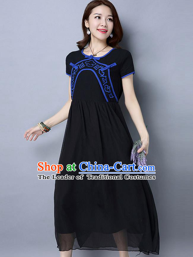 Traditional Ancient Chinese National Costume, Elegant Hanfu Embroidered Chiffon Dress, China Tang Suit Cheongsam Upper Outer Garment Black Elegant Dress Clothing for Women
