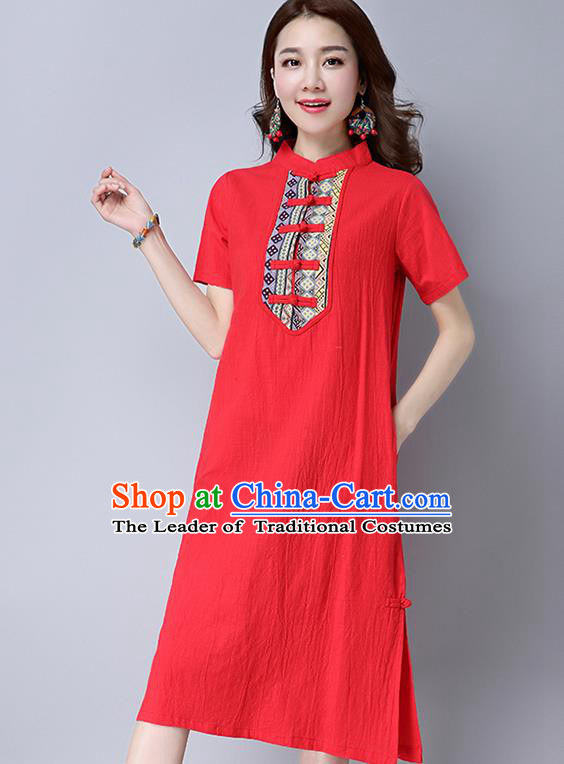 Traditional Ancient Chinese National Costume, Elegant Hanfu Stand Collar Dress, China Tang Suit Mandarin Collar Cheongsam Upper Outer Garment Red Dress Clothing for Women