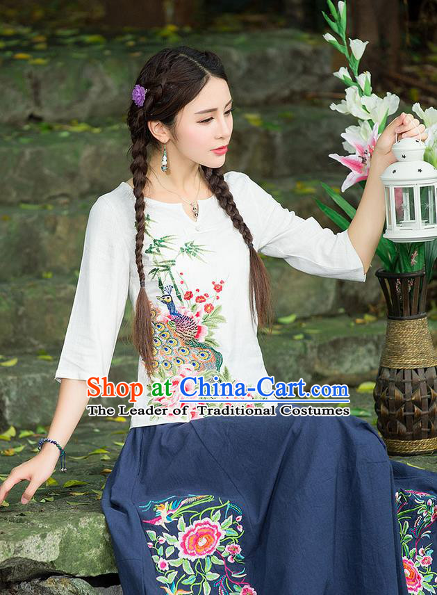 Traditional Ancient Chinese National Costume, Elegant Hanfu Embroidered Peacock Peony Shirt, China National Minority Tang Suit White Blouse Cheongsam Upper Outer Garment Clothing for Women