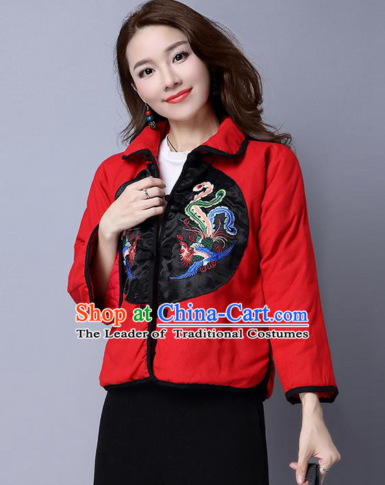 Traditional Ancient Chinese National Costume, Elegant Hanfu Coat, China Tang Suit Stand Collar Cotton-Padded Coat, Upper Outer Garment Embroidered Phoenix Red Jacket Clothing for Women