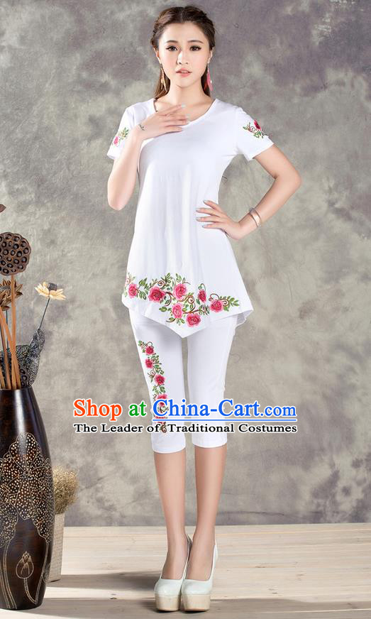 Traditional Ancient Chinese National Costume, Elegant Hanfu Embroidered T-Shirt and Pants, China Tang Suit Embroidered White Blouse Cheongsam Upper Outer Garment Clothing for Women