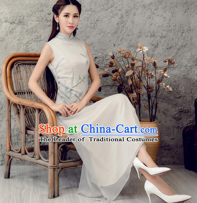 Traditional Ancient Chinese National Costume, Elegant Hanfu Hand Printing Silk Dress, China Tang Suit Cheongsam Upper Outer Garment Qipao Elegant Dress Clothing for Women