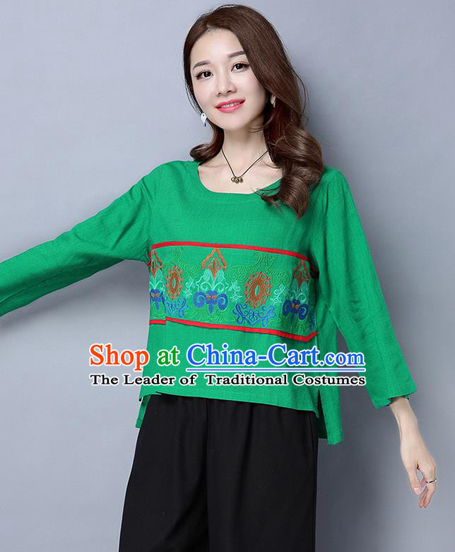 Traditional Ancient Chinese National Costume, Elegant Hanfu Embroidered Round Collar Shirt, China Tang Suit Green Blouse Cheongsam Upper Outer Garment Qipao Shirts Clothing for Women