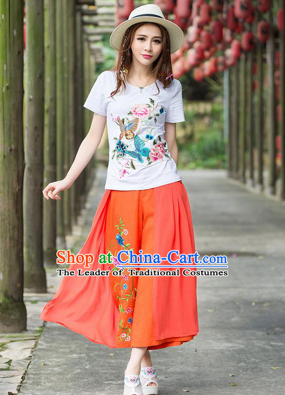 Traditional Ancient Chinese National Costume Loose Pants, Elegant Hanfu Embroidering Flower Jacinth Pants, China Tang Suit Linen Wide Leg Pants for Women